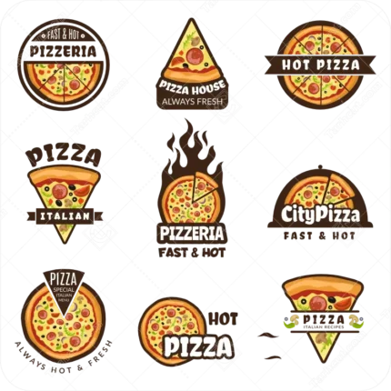 وکتور انواع پیتزا و متن PIZZA